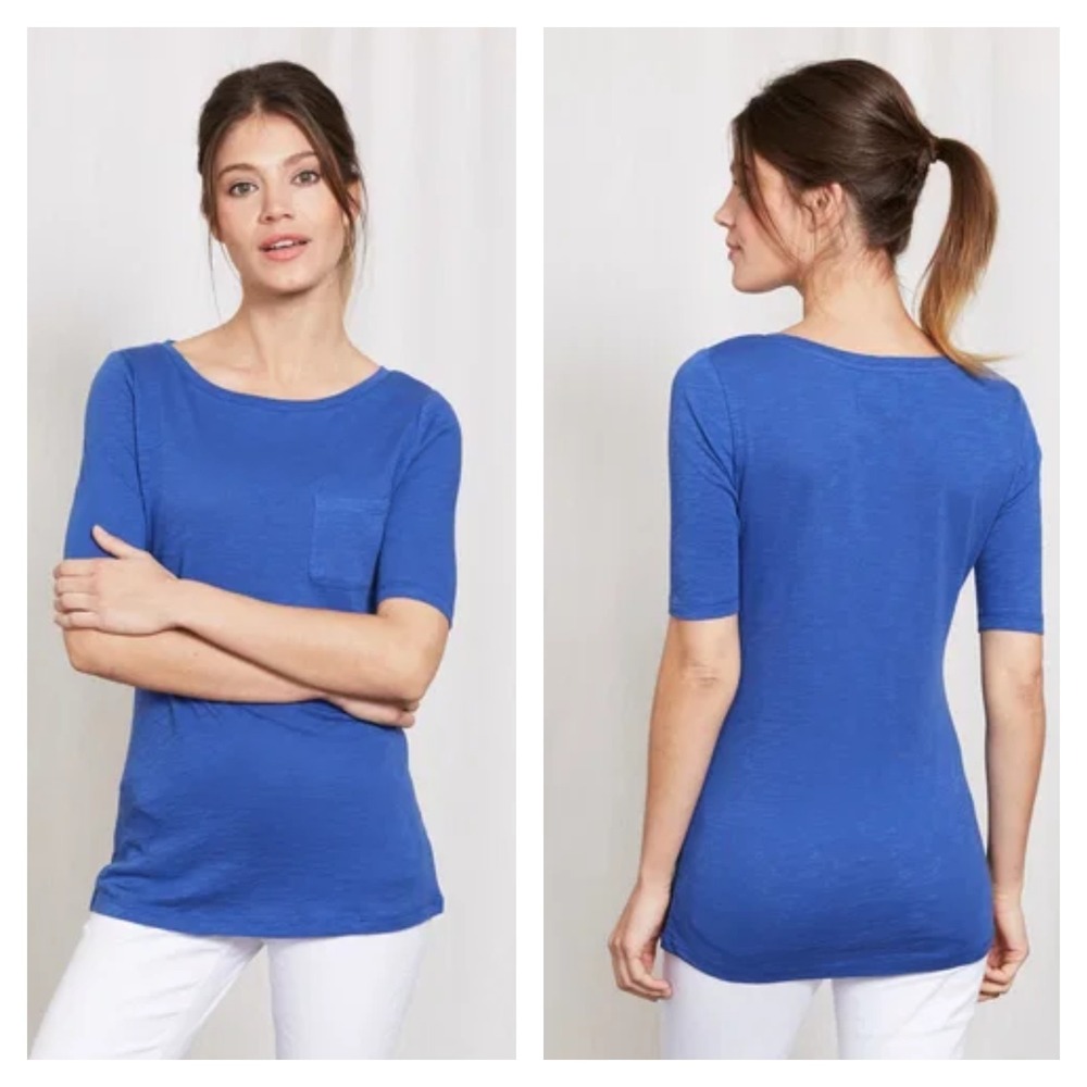 Boden T-Shirt Womens 12 Blue Cotton Lightweight Boat Neck Elbow Sleeve Pocket